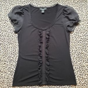 WHBM Solid Black Ruffle Short Sleeve Knit Tee with Sheer Sleeves, Size M, GUC